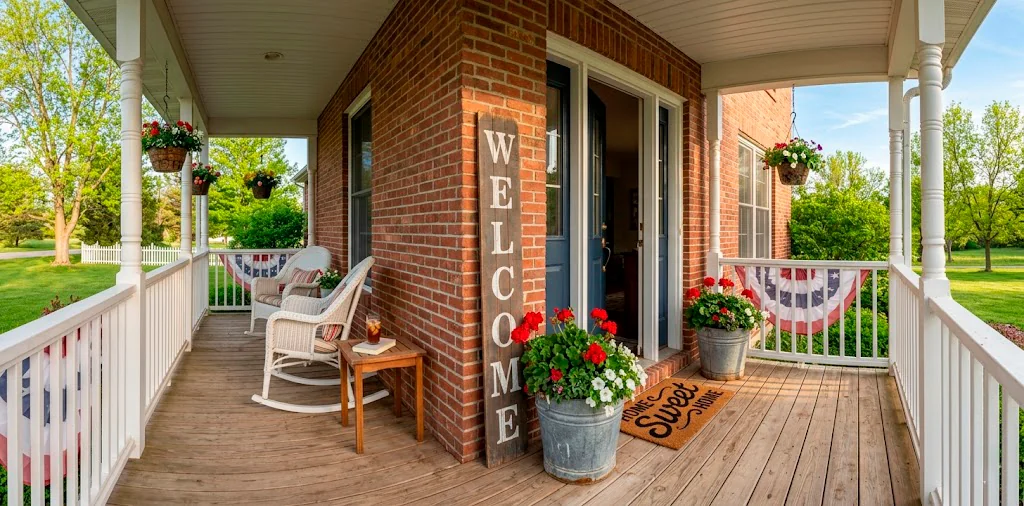 Beautifully styled rustic front porch featuring a tall distressed wood entryway sign and vibrant red geraniums