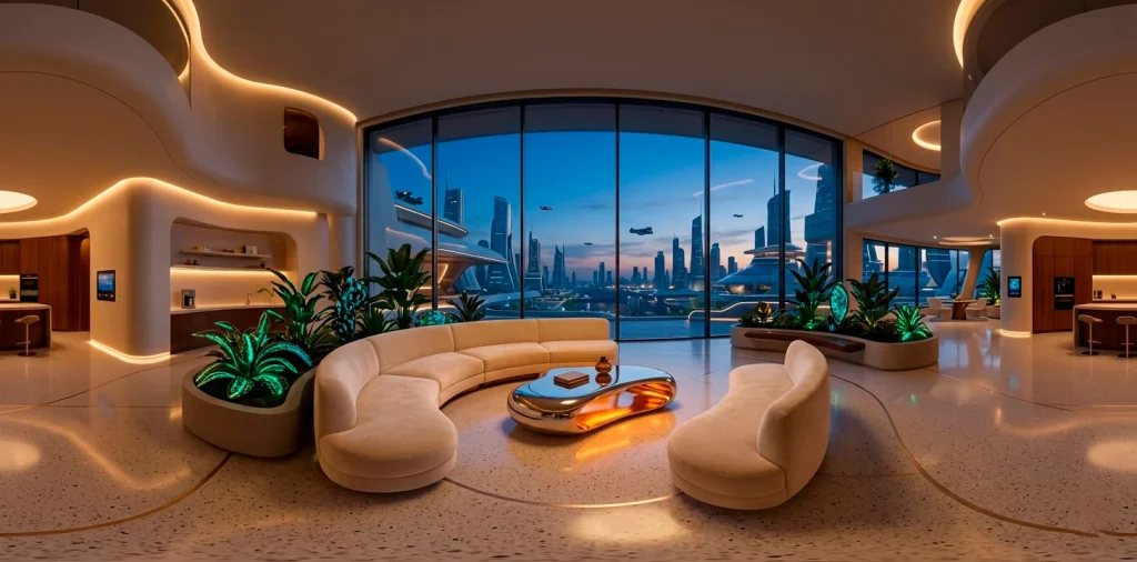 Wide luxury living room blending retro mid century furniture with futuristic smart decor elements.