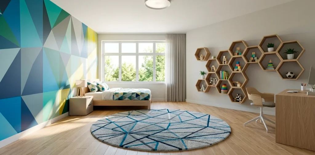 Modern kids bedroom featuring bold geometric wall murals, colorful patterns, and contemporary furniture design.