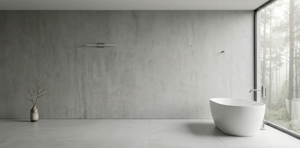 Luxury minimalist bathroom banner showcasing negative space, a freestanding tub, and large format tiles.