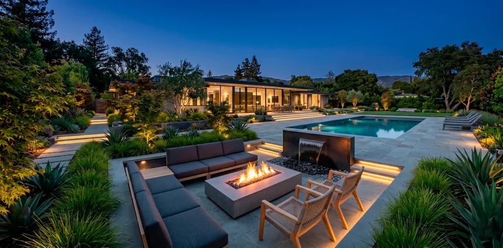 Modern backyard landscaping featuring a concrete fire pit and sleek steel water feature at twilight.