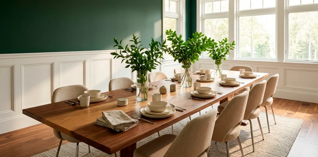 Elegant forest green dining room with a long wood table under bright natural morning light.