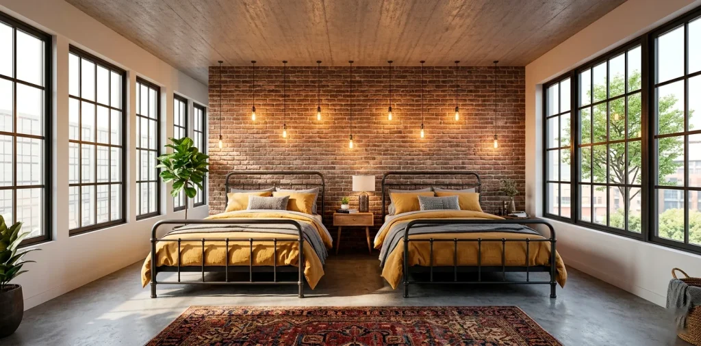 Modern industrial guest room with two twin beds featuring metal frames, exposed brick wall, and cozy yellow bedding.