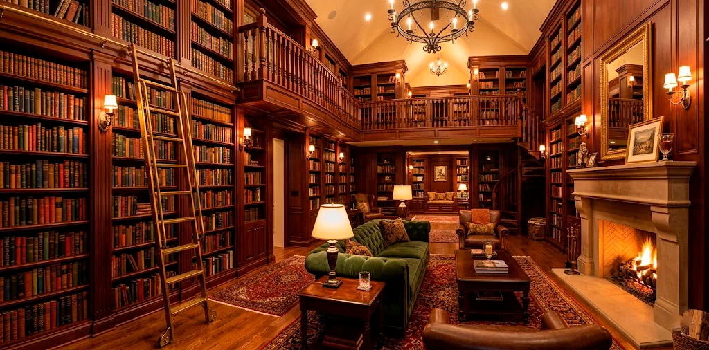 Luxurious custom home library with rich mahogany built-in shelves, rolling brass ladder, and warm amber lighting.