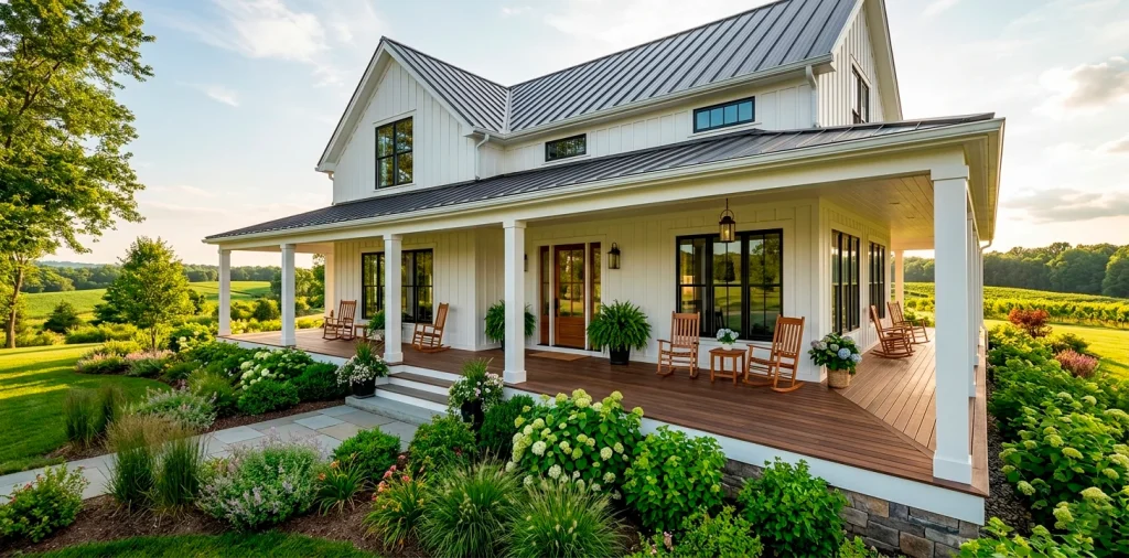 Stunning wide horizontal view of a pristine white farmhouse wrap-around porch with natural sunlight and classic details.