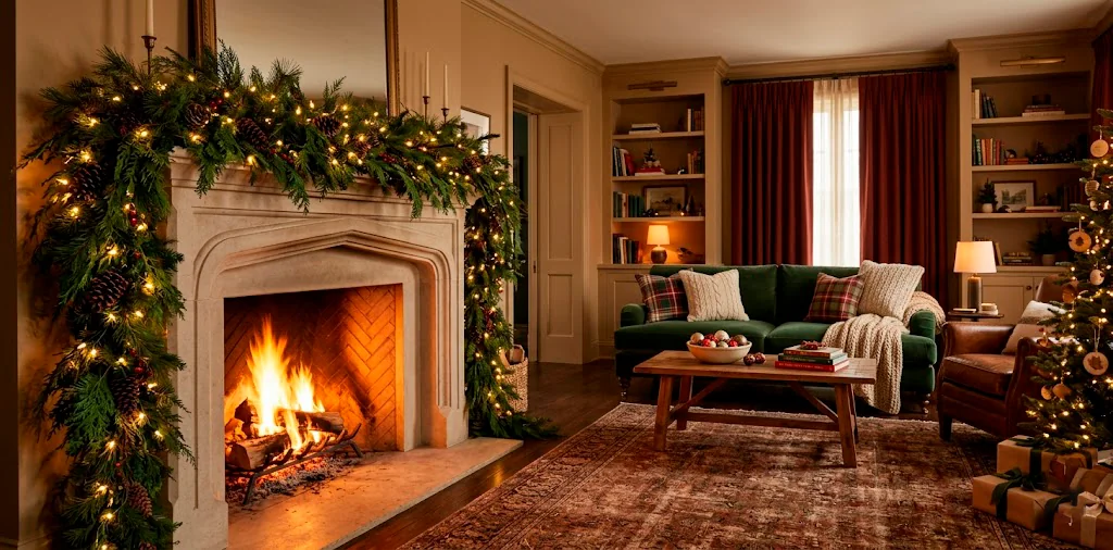 Lush mixed pine and cedar holiday garland draped elegantly over a warm fireplace mantel with glowing lights.