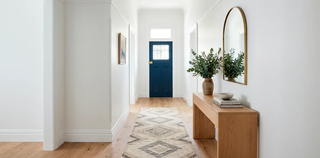 Bright white narrow entryway featuring a light oak console table, arched brass mirror, and a geometric runner rug.