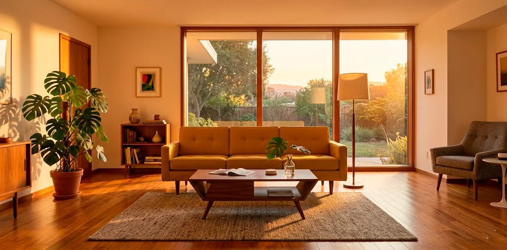 Wide seamless view of a small mid-century modern living room with a low-profile yellow sofa, teak wood furniture, and monstera plants.