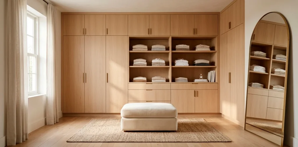 Wide shot of a luxury small dressing room maximizing vertical space with oak cabinetry and bright lighting.