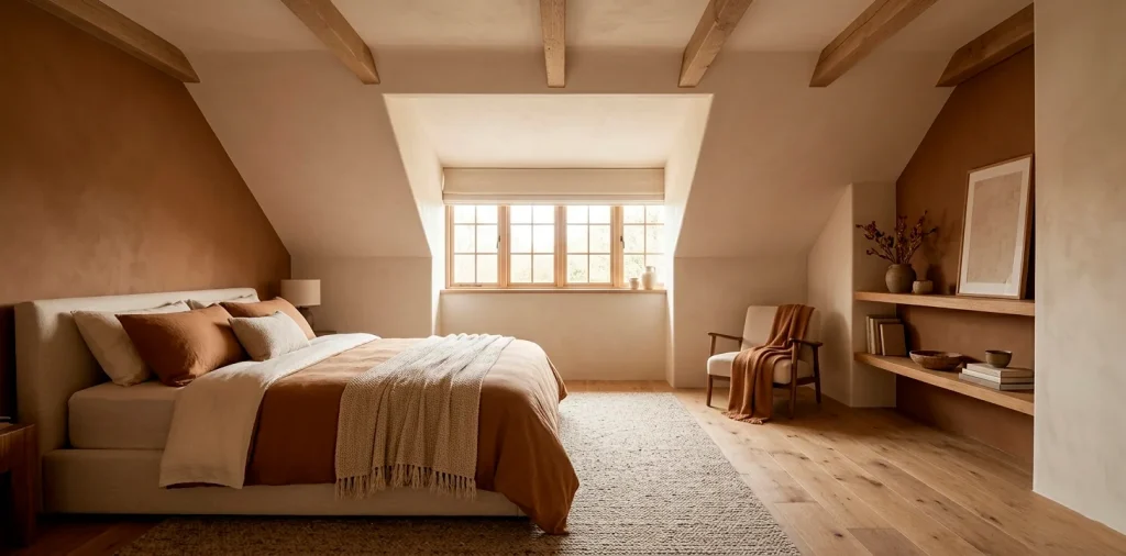 Cozy low-ceiling attic bedroom decorated in warm gingerbread and cream tones with rustic wooden beams.