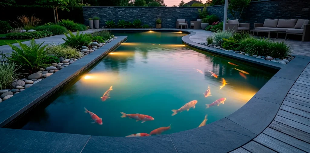 Sleek modern backyard fish pond glowing with warm underwater LED lights at twilight with swimming koi