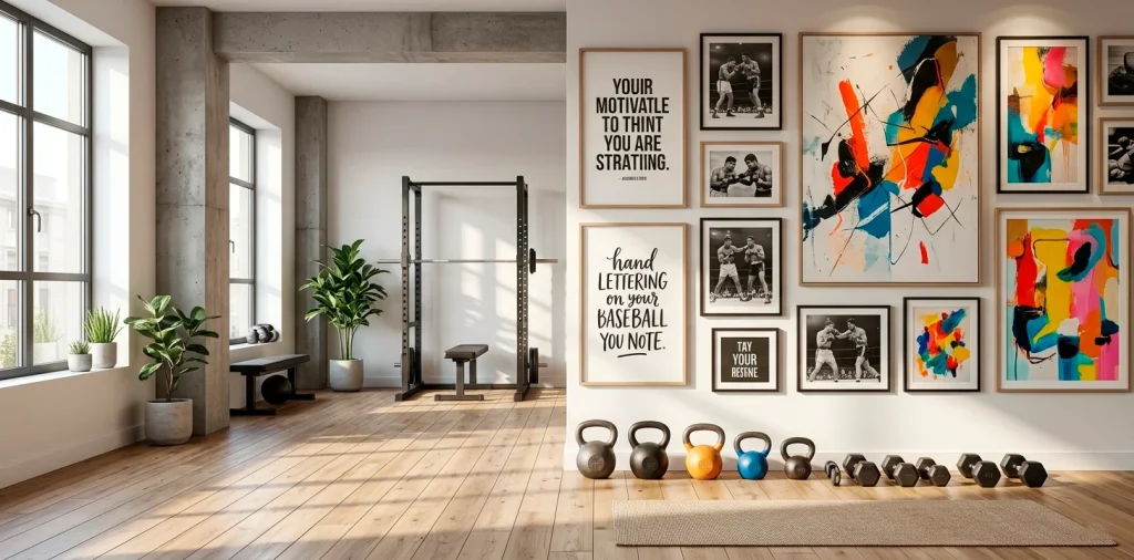 Modern home gym featuring an inspiring workout art gallery wall with motivational typography and kettlebells.