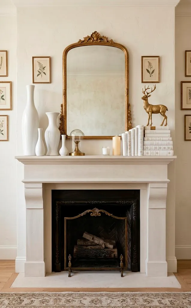 Balanced mantel display showing varying heights of white and gold winter decor.
