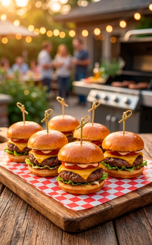 Gourmet beef sliders on checkered paper for a Memorial Day cookout.