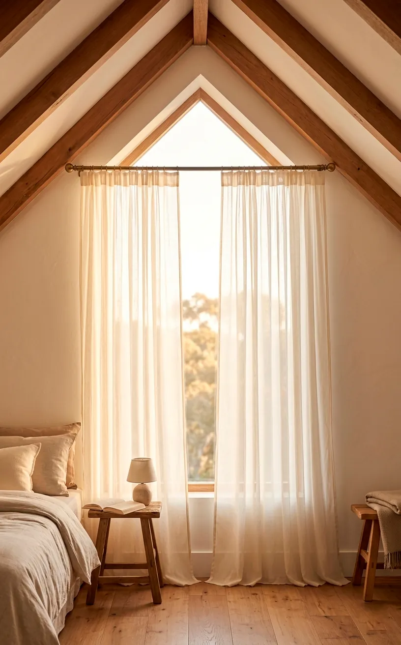 Floor-to-ceiling cream sheer curtains hanging from the peak of an attic window.