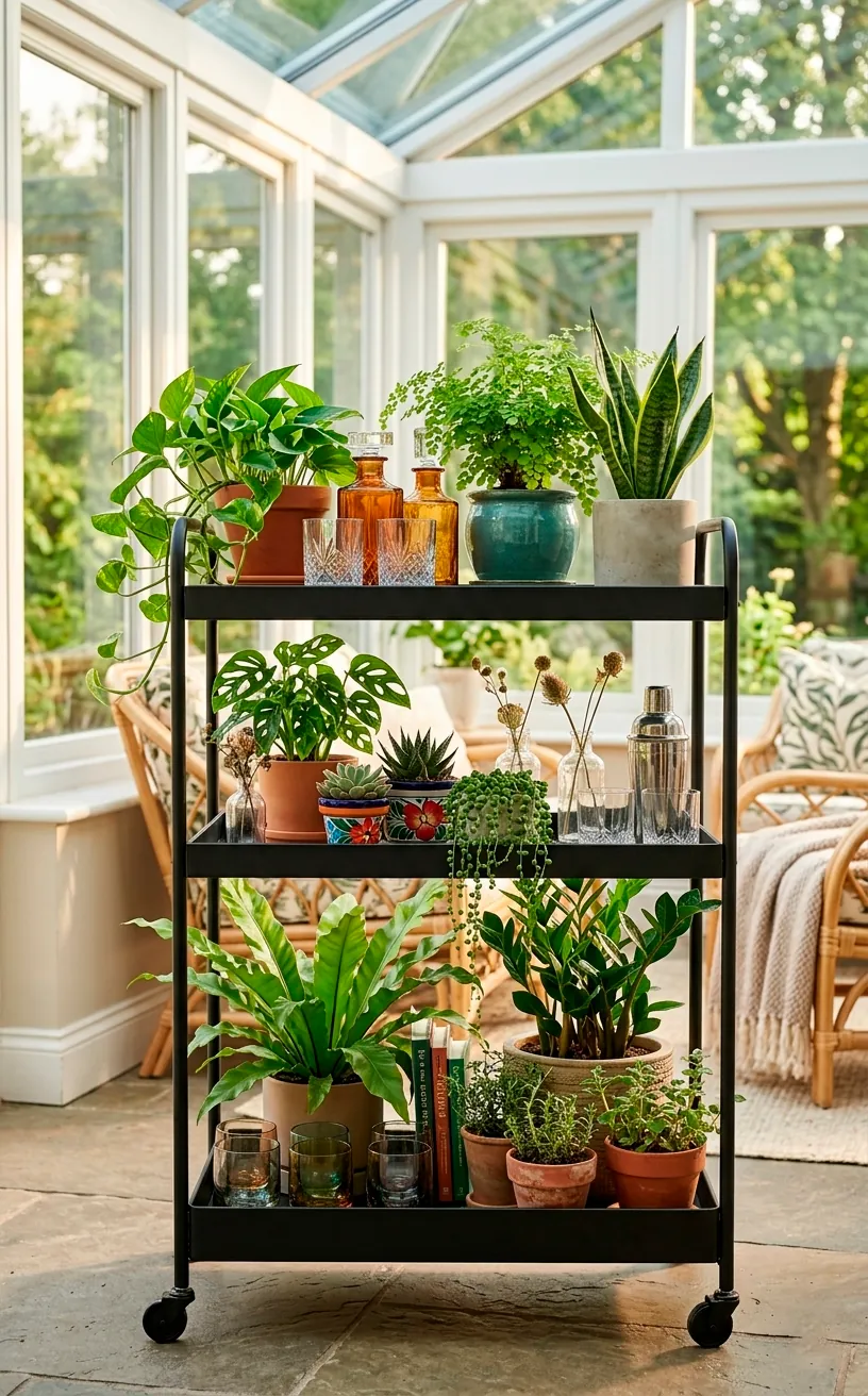 Matte black rolling bar cart used as a plant stand filled with greenery in a sunroom.