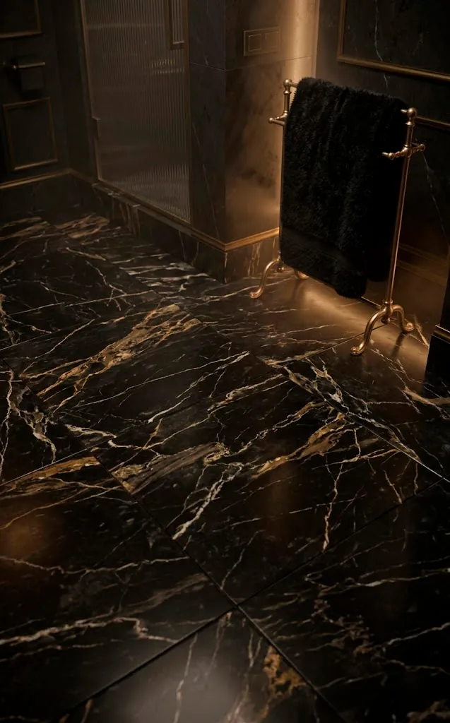 Black marble floor tiles with gold veins in a dark luxury bathroom.