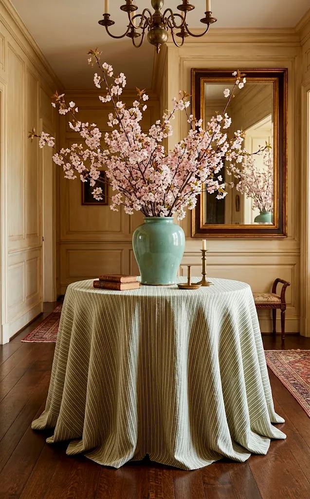 Skirted round entry table with linen fabric and cherry blossoms.