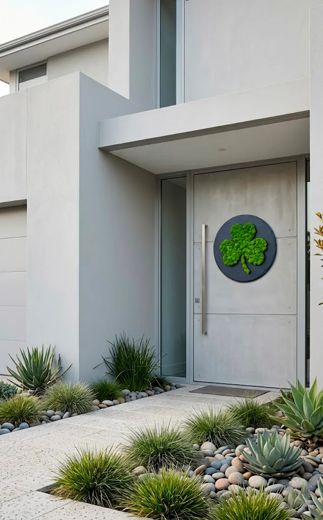 Modern moss shamrock wreath on a dark slate backing hung on a gray door.