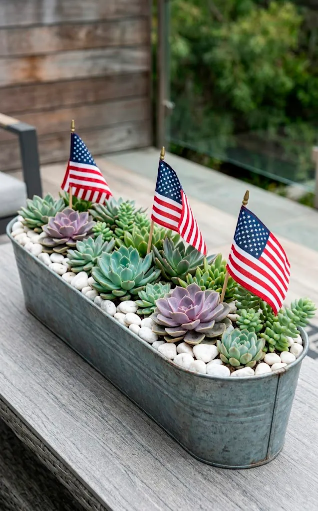 Modern succulent garden centerpiece in a galvanized trough with mini flags.