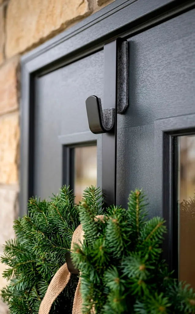 Matte black wreath hanger on a front door with evergreen greenery.