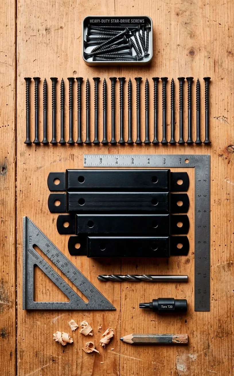 Heavy duty star drive wood screws and quick release bed rail brackets for DIY furniture building.