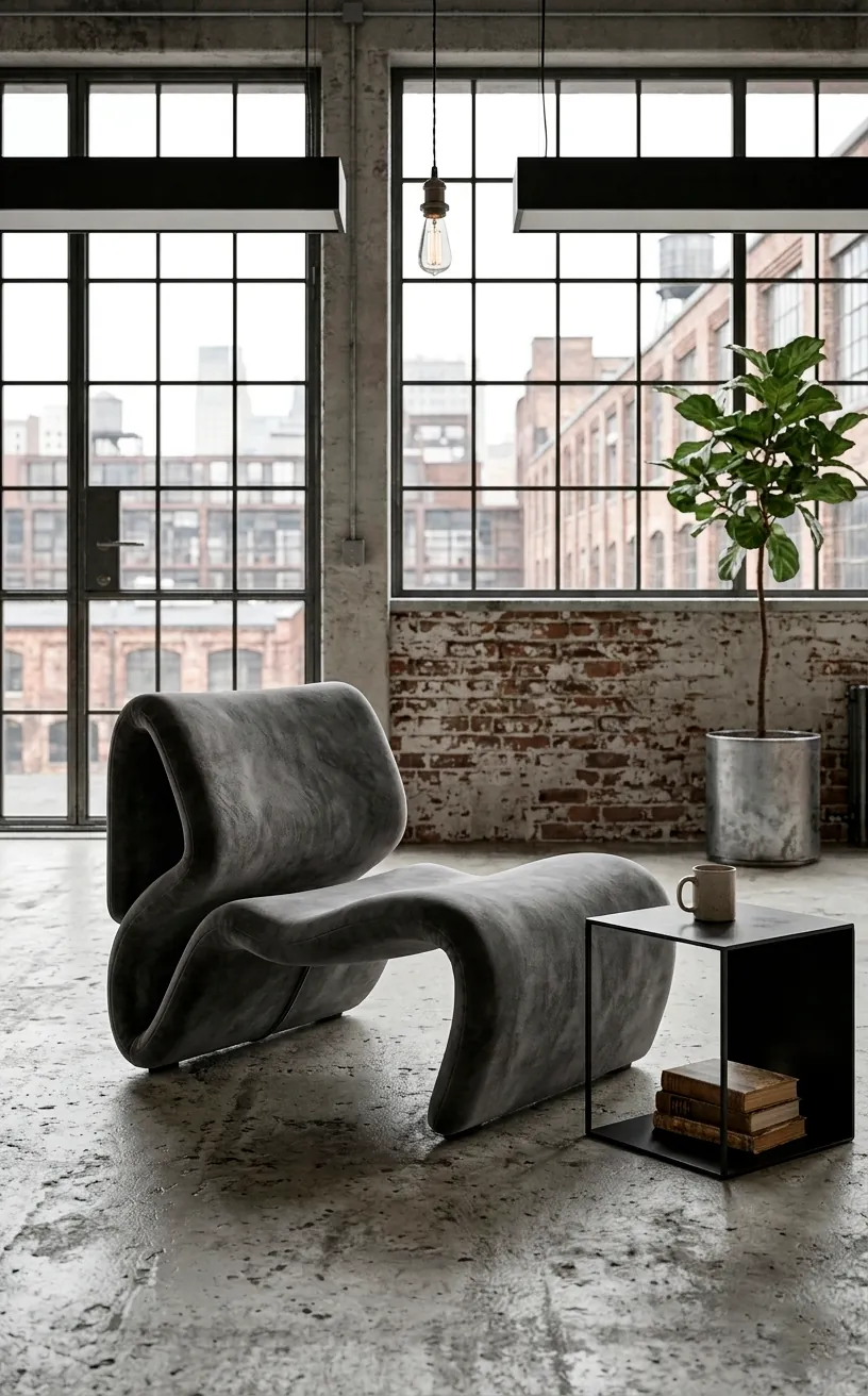 Charcoal grey curved velvet lounge chair in an industrial loft setting.