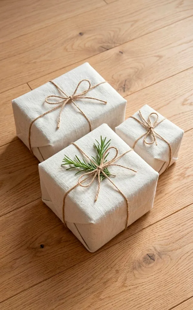 Gifts wrapped in off-white linen fabric with rosemary sprigs and hemp twine.