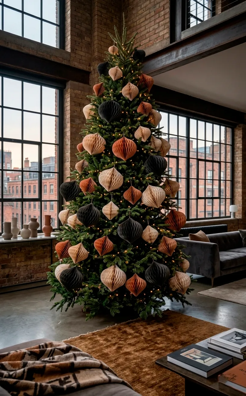 Modern Christmas tree with large paper honeycomb spheres in neutral colors.
