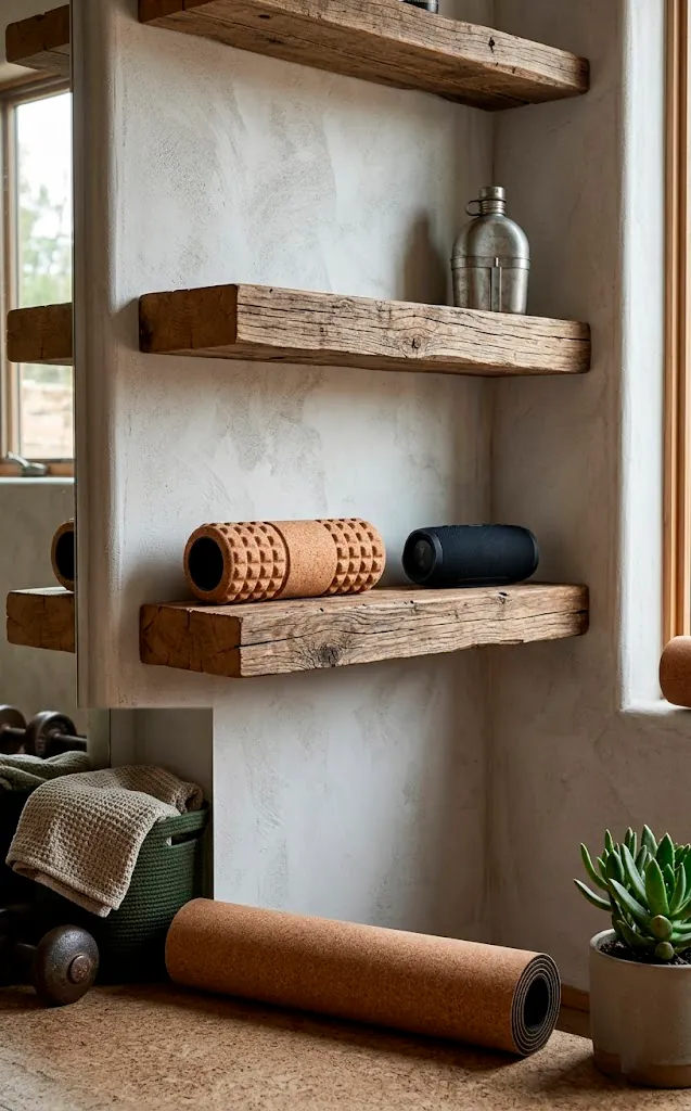 Rustic reclaimed barn wood floating shelf holding a massage roller and portable speaker.
