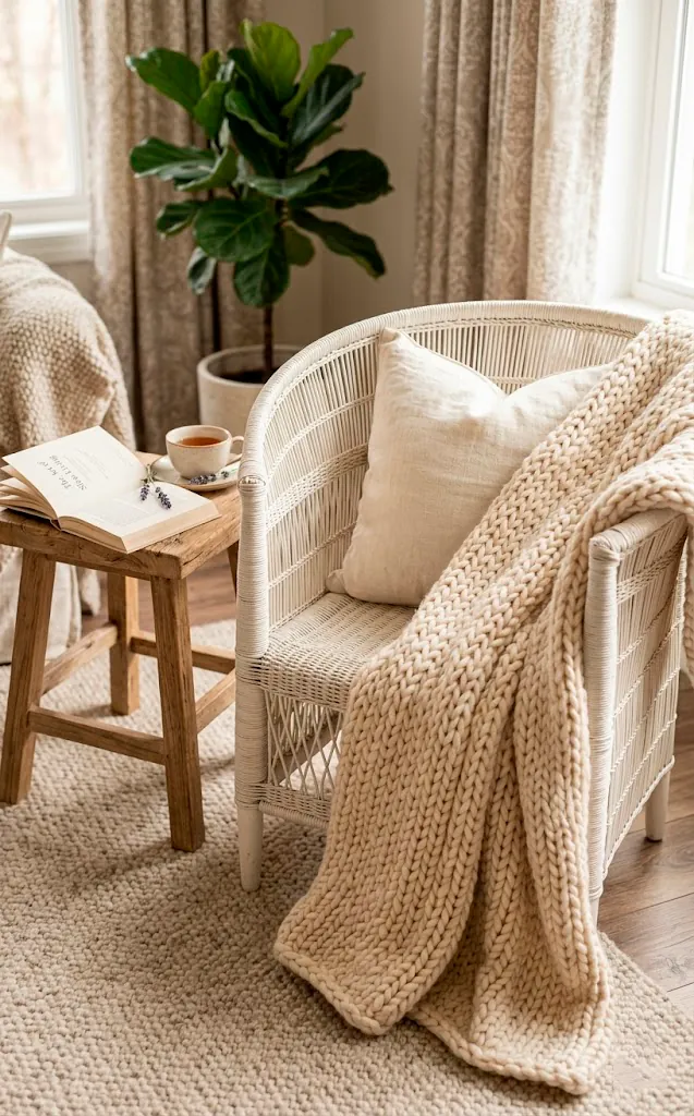 A chunky knit cream throw blanket draped over a wicker outdoor chair.