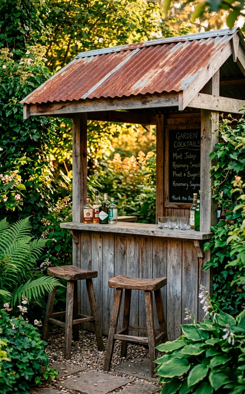 Outdoor garden bar made of weathered cedar with a corrugated metal roof at golden hour.