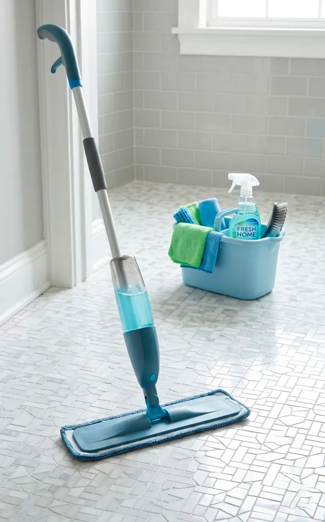 Cleaning vinyl peel and stick bathroom floors with a microfiber spray mop.