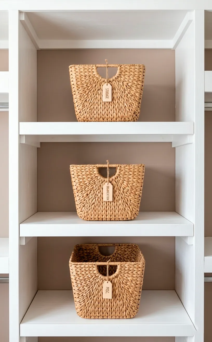 Uniform seagrass storage baskets on high closet shelves with wooden labels.