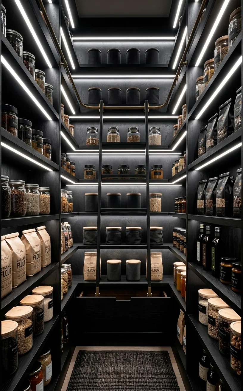Modern dark wood pantry with integrated LED strip lighting under shelves for visibility.