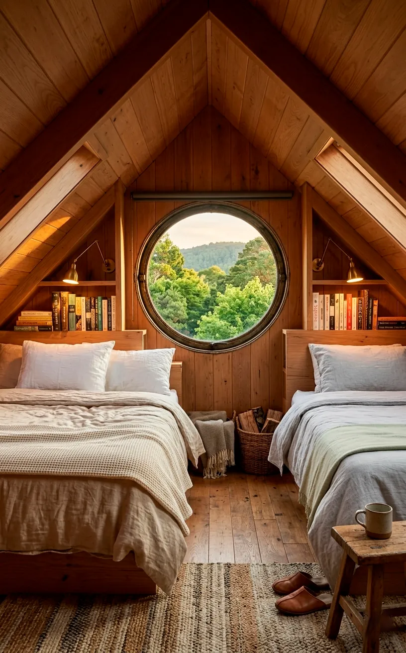 Attic guest room with built-in sleep nooks and integrated reading lights.