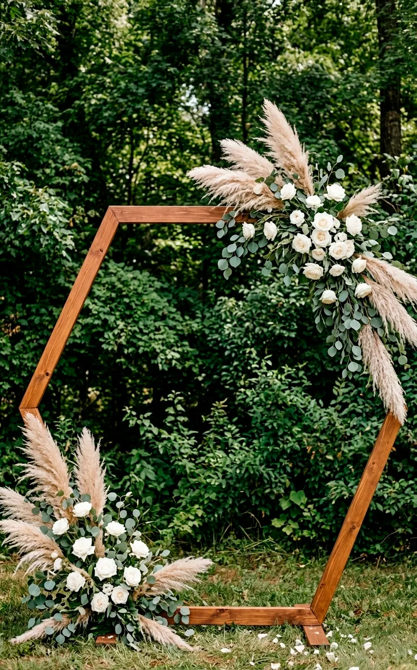 A minimalist wooden hexagon wedding arch decorated with asymmetrical pampas grass and white roses.