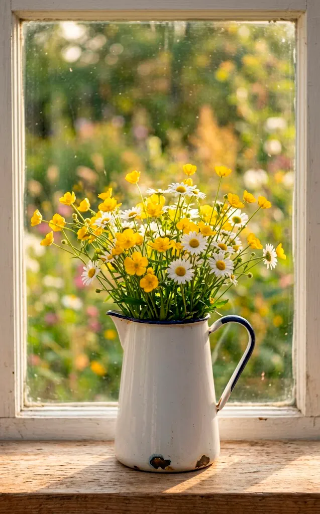 White enamel pitcher with blue rim and wildflowers on a sunny kitchen windowsill.