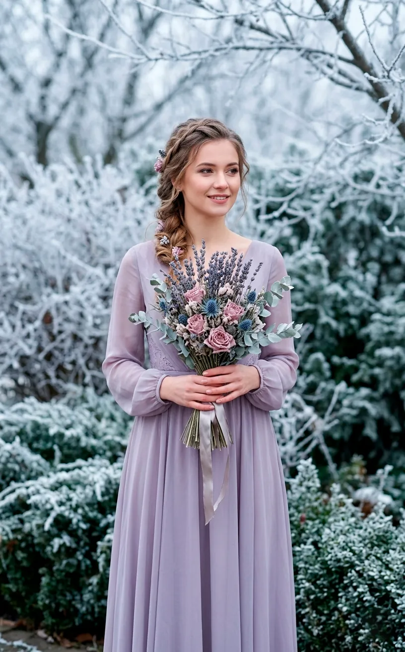 Winter bouquet with lavender and dusty rose flowers against a snowy background.