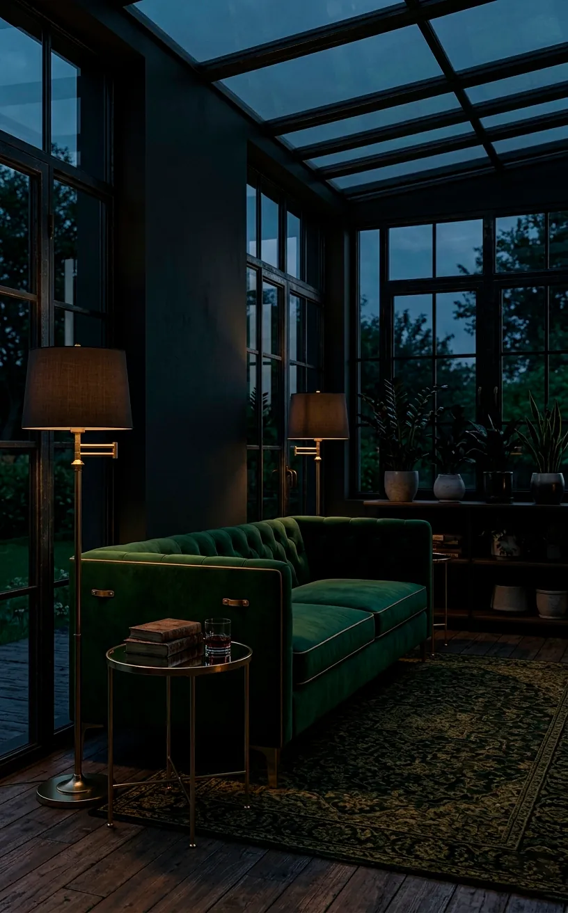Moody sunroom interior with black steel frames, charcoal walls, and emerald velvet furniture.