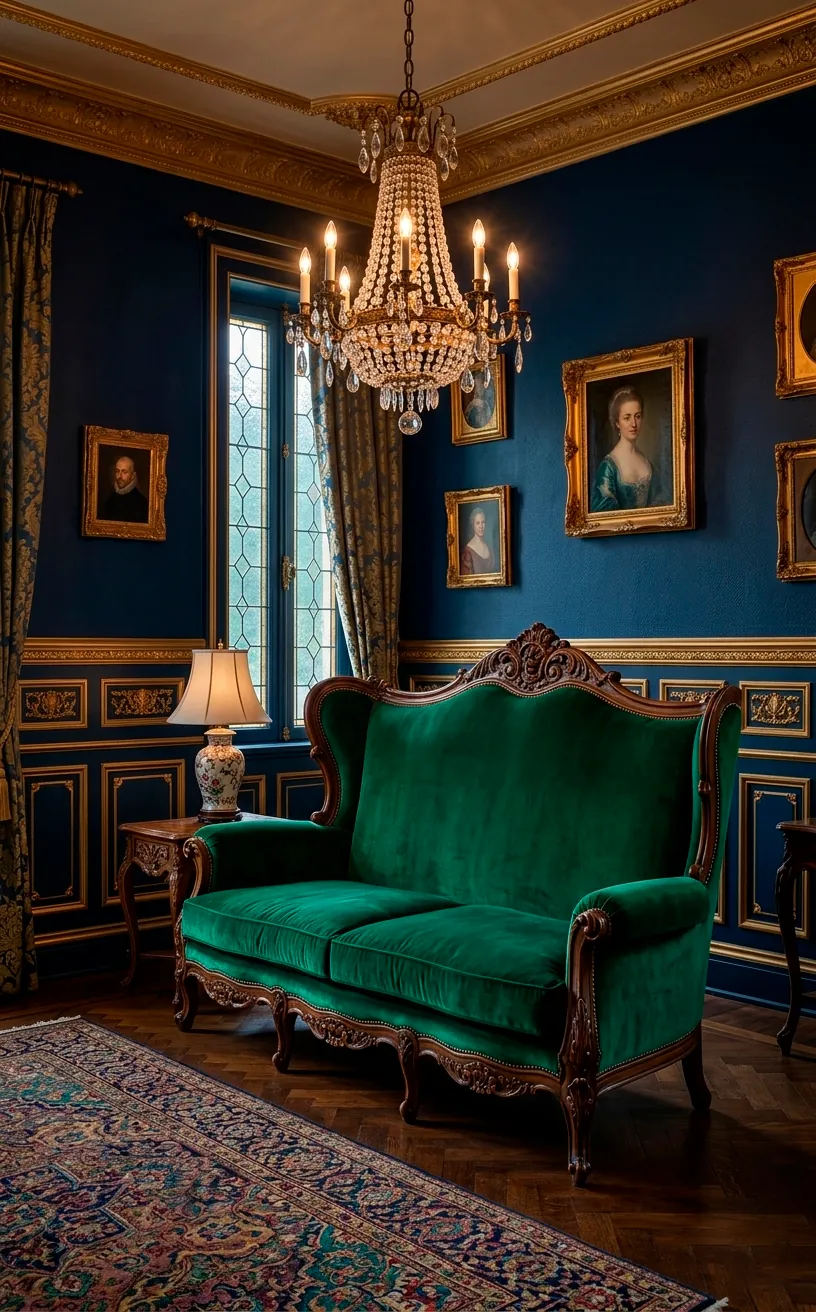 High-back Victorian style emerald green velvet sofa with ornate wood carvings.