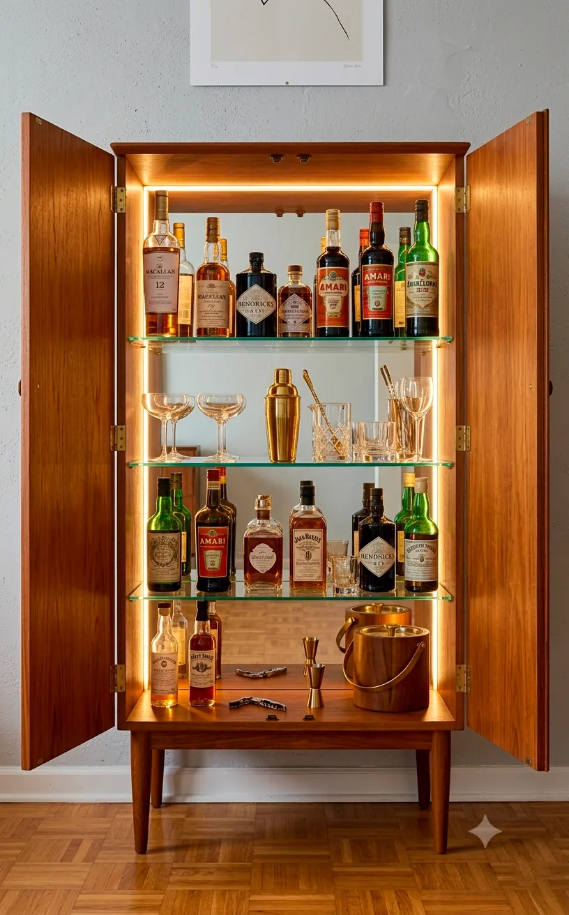 Mid-century modern cabinet opened to reveal a hidden illuminated home bar