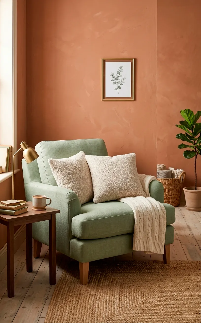 Soft sage green armchair against an earthy terracotta painted wall.