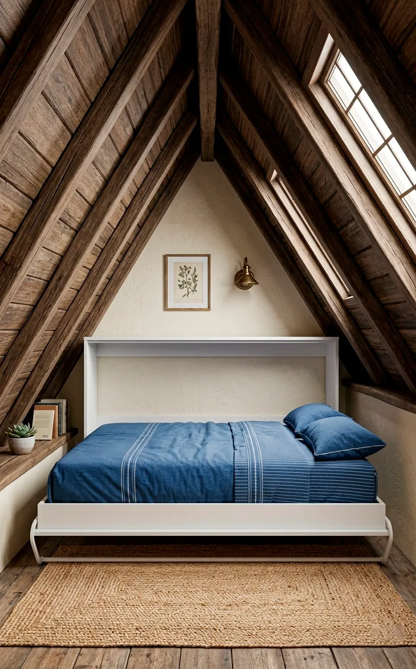 Horizontal side-mount Murphy bed in a narrow attic space.