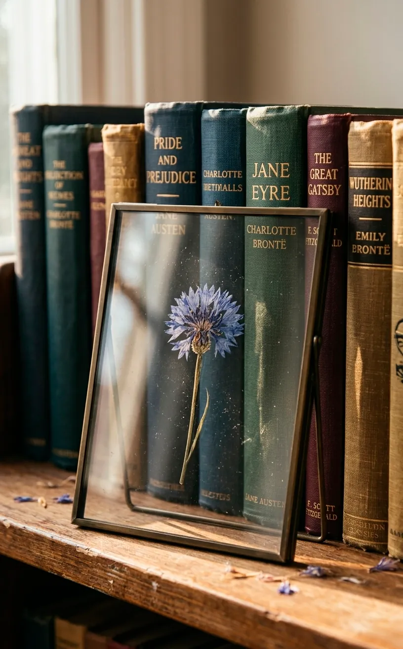 Pressed flower in a double-glass frame leaning on books in a library.