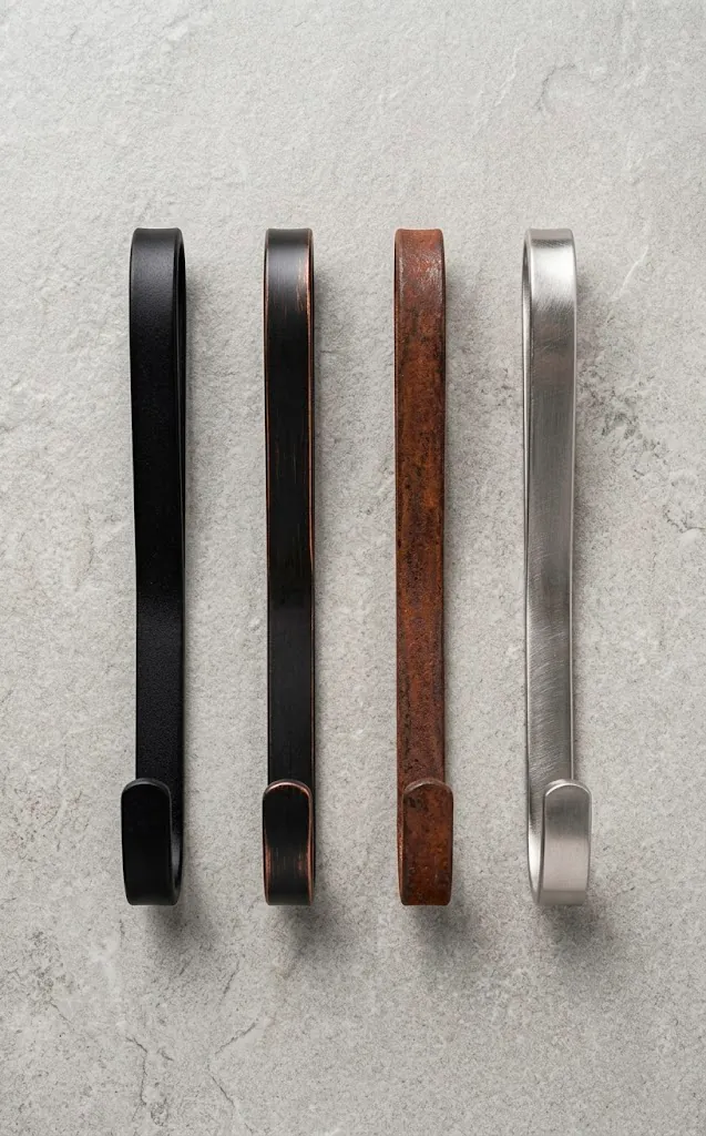 Comparison of different classic wrought iron hook finishes including matte black and oil-rubbed bronze.