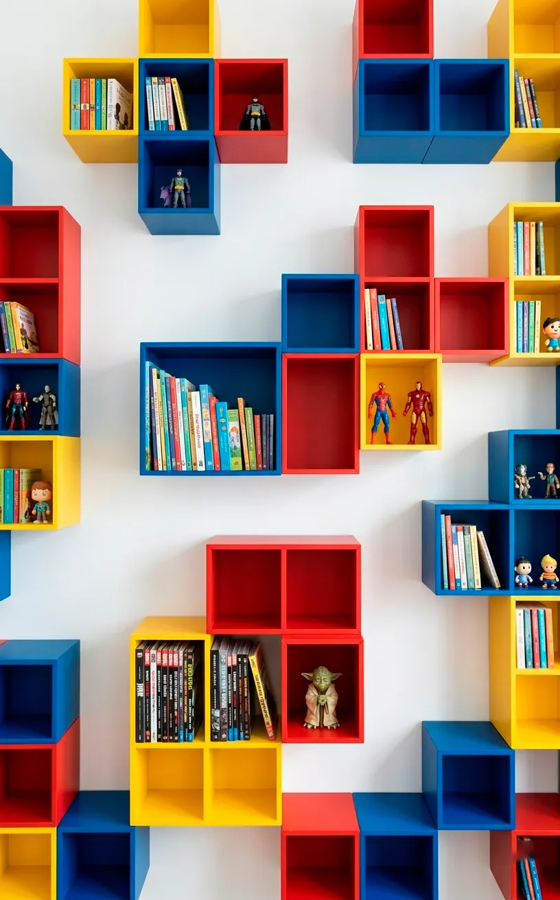 Colorful modular square wall storage units in a Tetris-style arrangement.