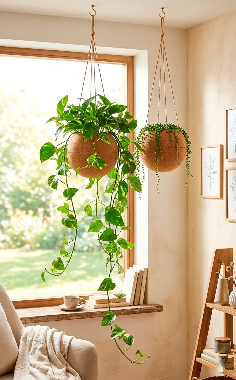 Lightweight cork hanging planters with cascading green plants near a bright apartment window.