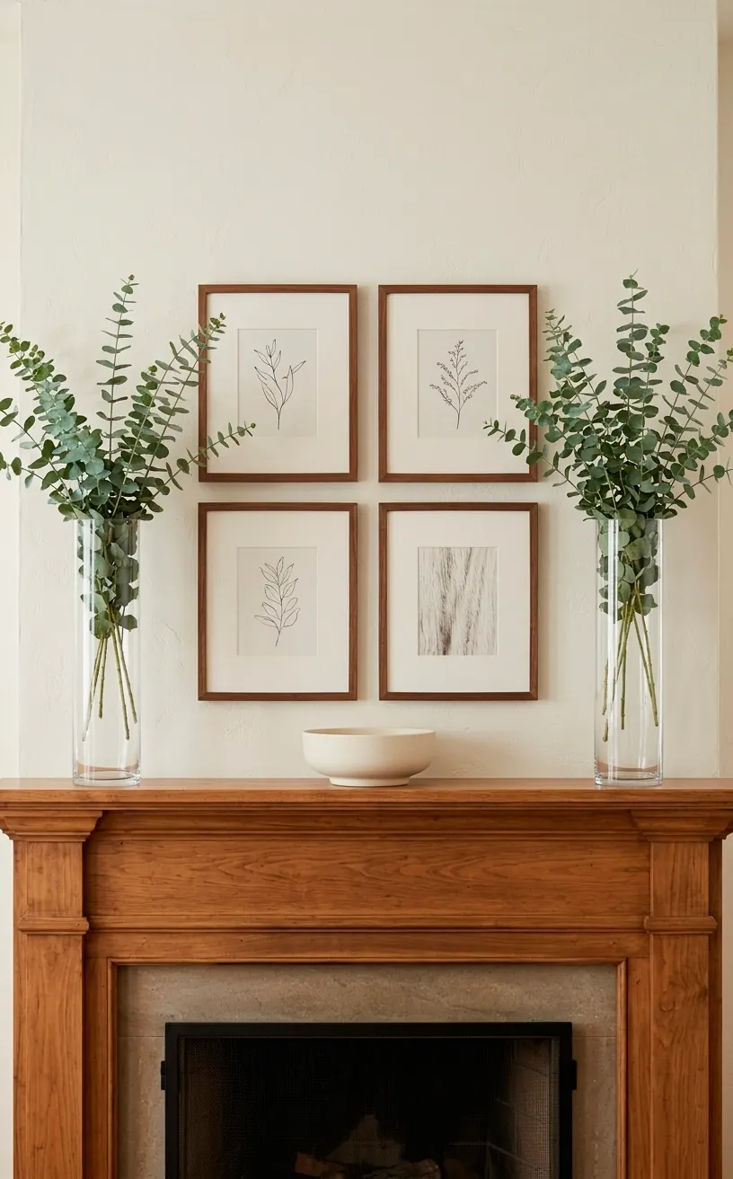 Symmetrical mantel decor with vases flanking a gallery wall above a fireplace.