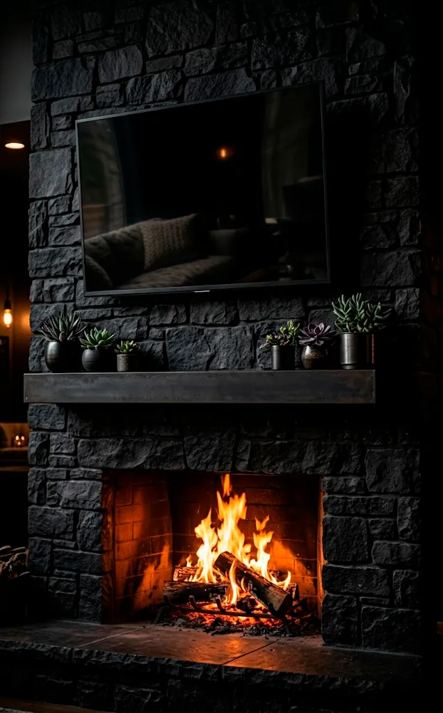 Dark charcoal fieldstone fireplace wall with a glowing fire and TV.